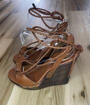 Diane Avon Furstenberg Brown Open Toe Wooden Wedge leather ankle Strap Sandals 7