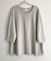 J Jill Tunic Ponte Knit 3/4 Sleeve Lace Overlay Shirt Top Beige Size XL New