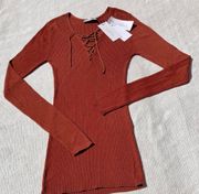 NWT Sandro Paris Sasha Lace up Ribbed Knit Top Sweater in Orange