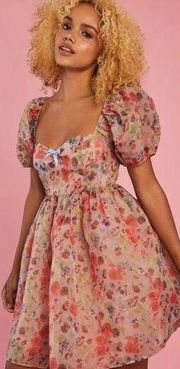 NWT Sugar Thrillz My Winding Wheel Floral Organza Puff Sleeve Babydoll Dress XL