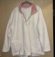 2X Plus White Sherpa Quarter Zip with Pink Accents