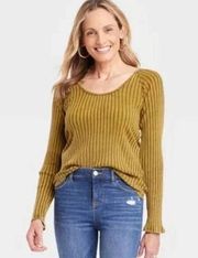 Knox Rose Slim Fit Long Sleeve Ribbed T-Shirt Olive Green- Women's SZ Small