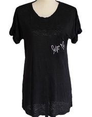 REBECCA MINKOFF “Love Me” black slub, burn-out linen t-shirt. Size XS. EUC