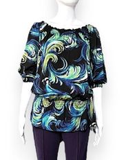 . Abstract Blouse Top Size Medium Short Sleeve Elastic Lightweight