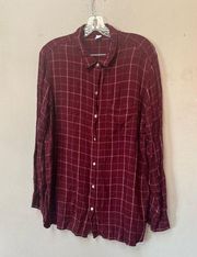 Old Navy  Womens Burgundy Plaid Drapey Flannel Tunic Button Down Flannel Shirt XL