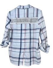 h Womens Plaid Shirt size S Button down Back Crochet  Blue NWOT