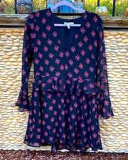 Avec Les Filles Black Ruffle V-Neck w/Red Floral Print Dress. Size Large. EUC!