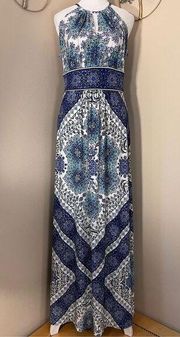 London Times Blue White Print Keyhole Neckline Maxi Sundress Size 8