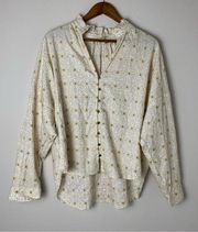 Pilcro Anthropologie Daisy Embroidered Bronze Button Up Balloon Sleeve Blouse