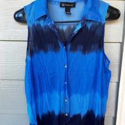 Inc sheer sleeveless rhinestone button blue ombré tie front shirt size large