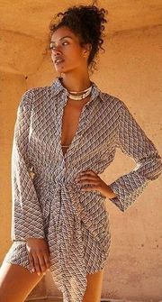 NEW Free People Rillo Beach Summer Shirtdress Tie Front Extra Small Brown Cream