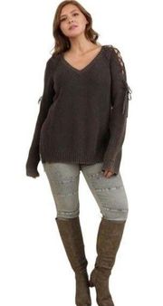 UMGEE LACE UP SWEATER PULLOVER ASH GREY MINERAL WASHED RIBBED TOP S