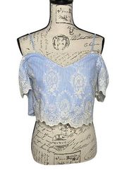 Seek The Label Blue White Off Shoulder Embroider Tie Back Crop Top Shirt Small