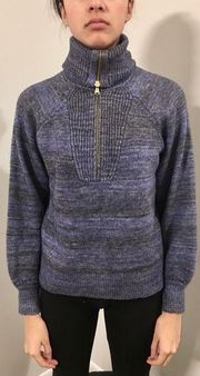 J CREW Blue Gray Gold Zip Cashmere Wool Turtleneck Sweater Women's Size Medium
