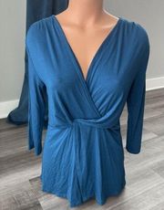 Loveappella Blue V-Neck Top S Long Sleeve Faux Wrap New K2