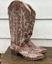 Stetson Brown Leather Cowgirl Western Boots Cream Flame Stitching Size 10