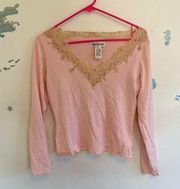 Mendocino Pink Blush Sweater with a Beige Lace Neckline Size Medium- EUC