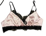 Zaful Women's Pink Satin Silk Bra with Black Lace Detailing