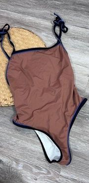 Solid & striped poppy tie strap one piece swimsuit in brown, black, and blue