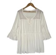 POL Dress Womens M Tiered Mini Embroidered Flutter Sleeve Keyhole Tie Neck Cream