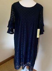 Tacera Blue Lined with Lace Overlay Midi Special Occasion Dress Size Large NWT