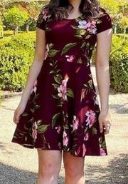 Cute Burgundy Floral Fit n Flare Skater Dress Mini Size Small S