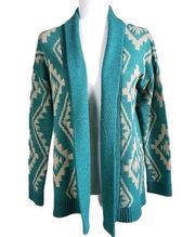 Flying Tomato Cardigan Sweater Teal and Beige Aztec Pattern M/L