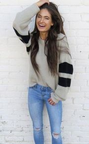 Revolve John + Jenn Varsity Stripe Knit Crewneck Sweater Beige and Black Size S