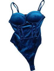 Haute Monde Blue velvet High thong bodysuit 

size Medium