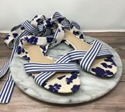 Cabi Blue/White Floral Watercolor Striped Sandals