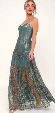 Dress The Population Antoinette Teal and Gold Metallic Lace Maxi Dress