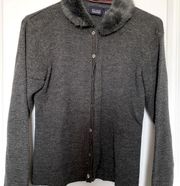 Charcoaled gray cardigan wool blend sweater with removable faux fur collar