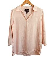 Tahari Linen Split V Neck Quarter Sleeve Tunic Top Pale Pink Size Small