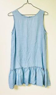 BeachLunchLounge Dress M Chambray Striped Drop Waist Ruffle Sleeveless Lyocell