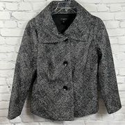 Talbots Winter Pea Coat Plaid Tweed Front Button Black White Metallic Silver 14W