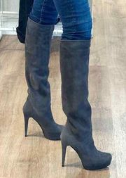 Stuart Weitzman Grey Suede Pull On Knee High Heel Stiletto Boots Size 7.5