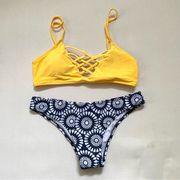 SweatyRocks Yellow Navy Blue White Bikini Bathing Suit Swim Suit Size S