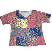 Misslook Shirt Womens Large Blue Pink Yellow Patchwork Floral V Neck Tunic Top