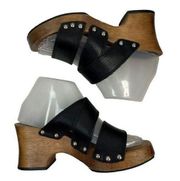 Vtg 1980's Candies Size 7 Platforms Sandals Black Leather Wood Chunky Heels Stud