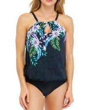 maxine of hollywood Women's Fiji Floral High Neck Keyhole Swimsuit Size 8