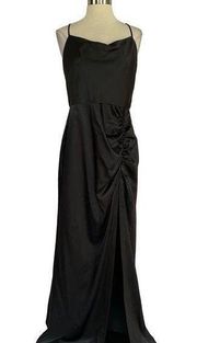 Betsy & Adam Women's Formal Dress Size 12 Black Satin Thigh Slit Evening Gown