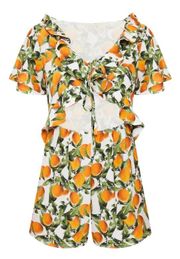 Orange Print Short Sleeve Frill Tie Waist Romper