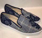 Karl Lagerfeld Paris Women’s Carly Plaid Fabric Floral Embroidered Slip-On Shoes