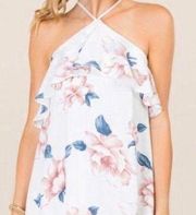 Francesca’s Miami Women’s White Pink Blue Floral Print Halter Ruffle Dress Small