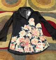 NWT New York & Company Black Floral Button Down Shirt 3/4 Sleeves Size Small