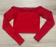 Red Ribbed Long Sleeve Top