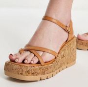 Steve Madden Madden GIrl Vault Cork Wedge Sandal Square Toe Tan Womens Size 8