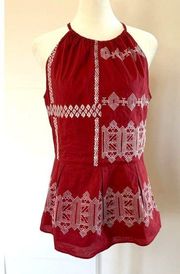 Joie High Neck Geometric Embroidered Halter Peplum Tank Top Size M