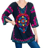 Mexican Floral Embroidery Black & Colorful Blouse