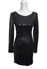 LF Millau Womens Wave Metallic Sequin Sheath Dress Long Sleeve Back Sz Small New